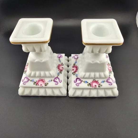 Westmoreland Milk Glass Hand-Painted Floral Candlestick Holders READ - Picture 2 of 7